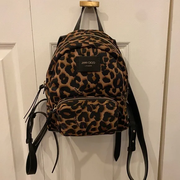 JIMMY CHOO Candice Onyp Natural Leo Nylon Leather Backpack NWT